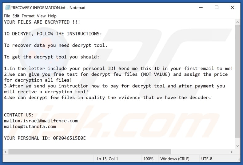 Instrukcje odszyfrowania Mallox (RECOVERY INFORMATION.txt)