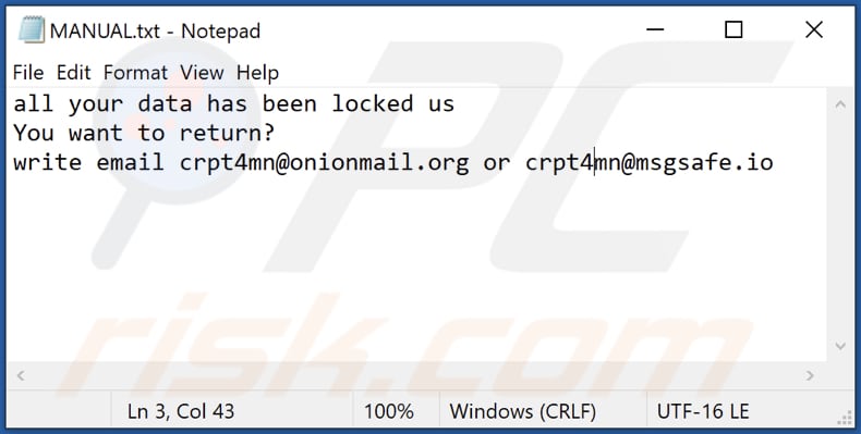 Plik tekstowy ransomware MS (MANUAL.txt)