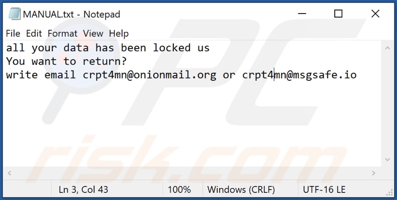 Plik tekstowy ransomware MS (MANUAL.txt)