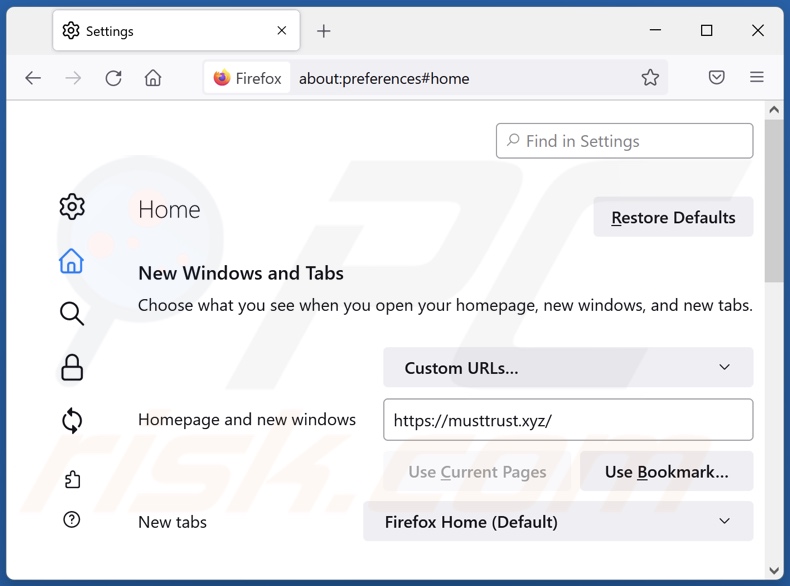 Usuwanie musttrust[.]xyz ze strony domowej Mozilla Firefox