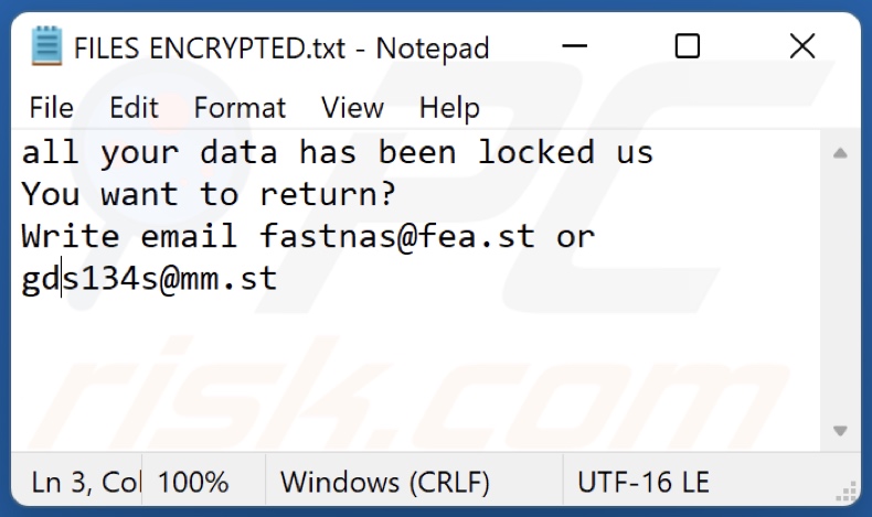 Plik tekstowy ransomware NaS (FILES ENCRYPTED.txt)