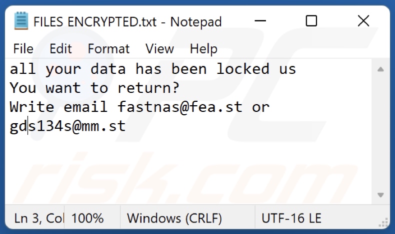 Plik tekstowy ransomware NaS (FILES ENCRYPTED.txt)