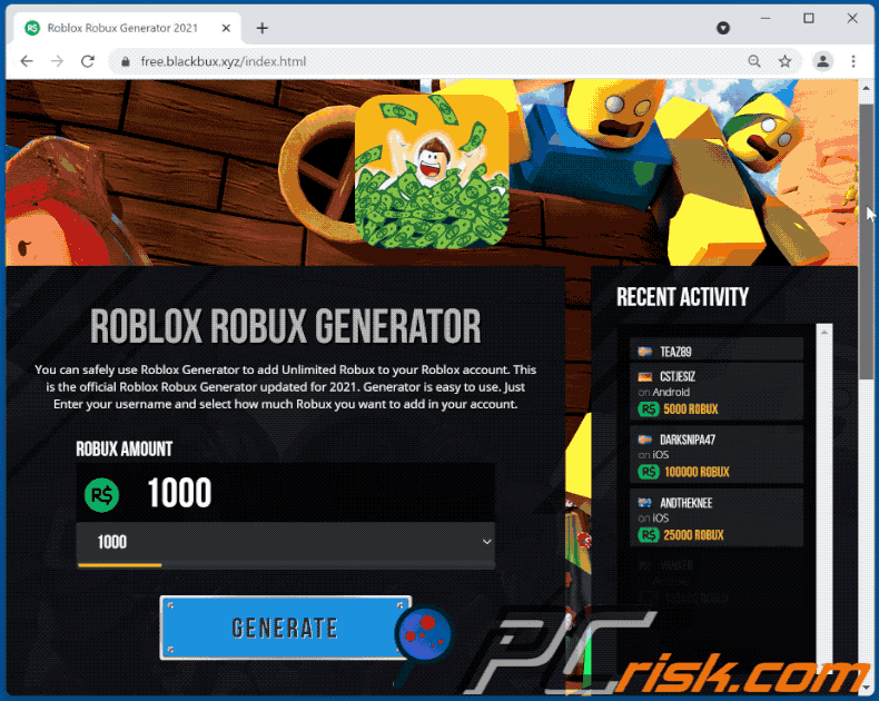 Wygląd oszustwa Robux Generator