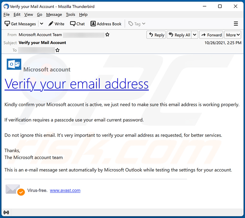 Oszustwo e-mailowe Verify Microsoft account (2021-10-29)