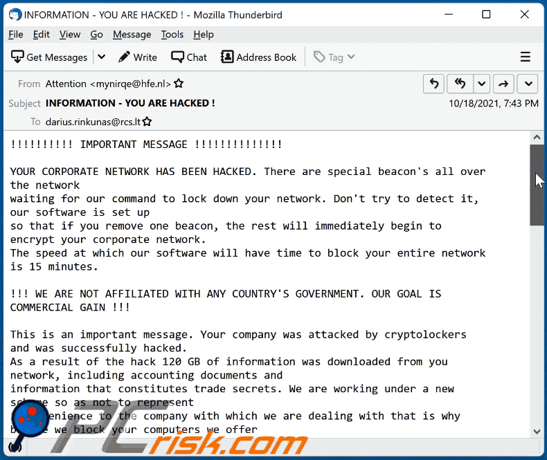 Oszustwo e-mailowe your corporate network has been hacked na obrazku gif