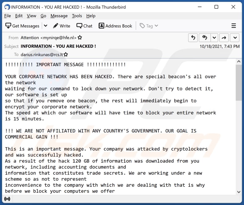 Oszustwo e-mailowe YOUR CORPORATE NETWORK HAS BEEN HACKED