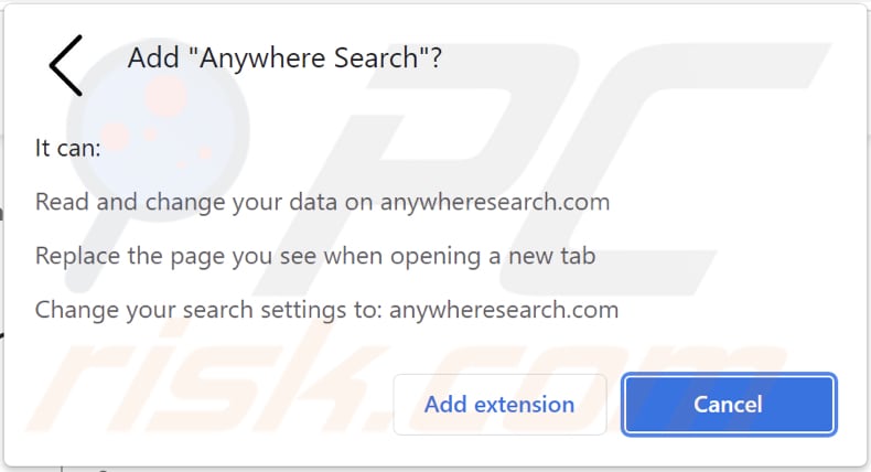 Powiadomienie przeglądarki porywacza przeglądarki anywhere search