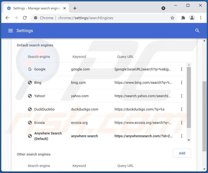 Usuwanie anywheresearch.com z domyślnej wyszukiwarki Google Chrome