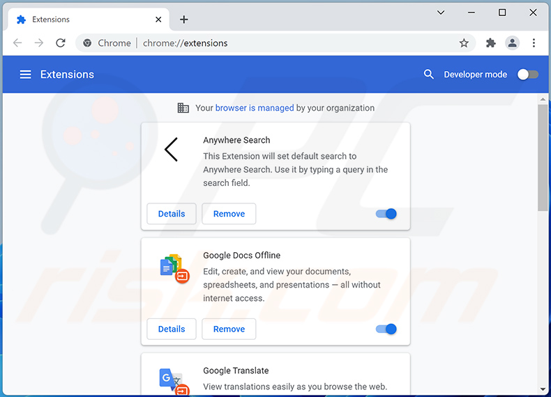 Usuwanie rozszerzeń powiązanych z anywheresearch.com z Google Chrome