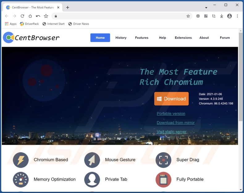 Strona promująca Cent Browser