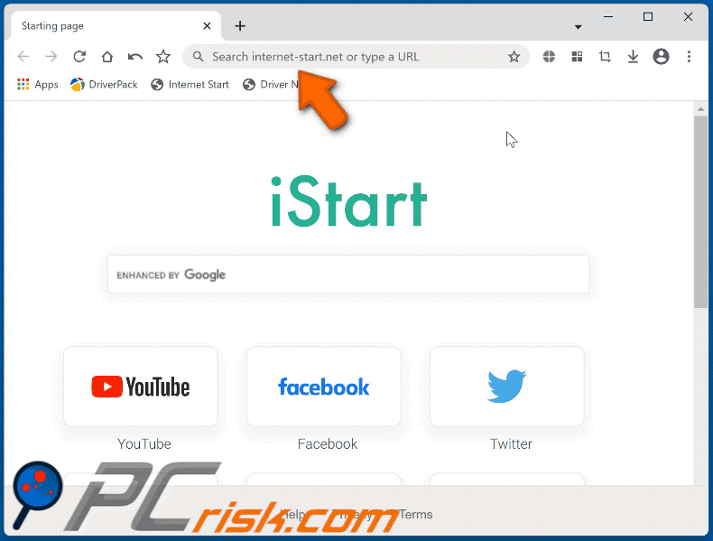 Cent Browser przekierowujące do internet-start.net (GIF)