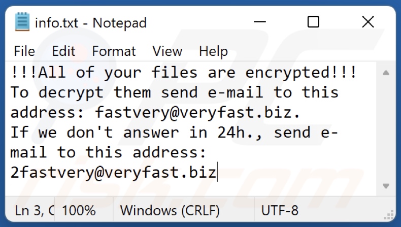 Plik tekstowy ransomware Fastvery (info.txt)