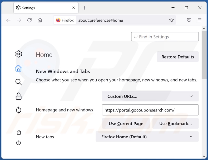Usuwanie gocouponsearch.com ze strony domowej Mozilla Firefox