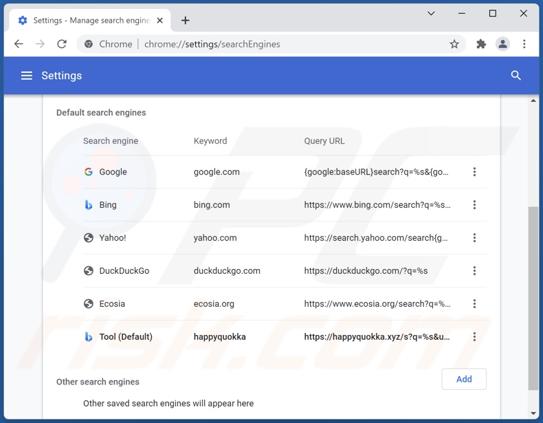 Usuwanie happyquokka.xyz z domyślnej wyszukiwarki Google Chrome