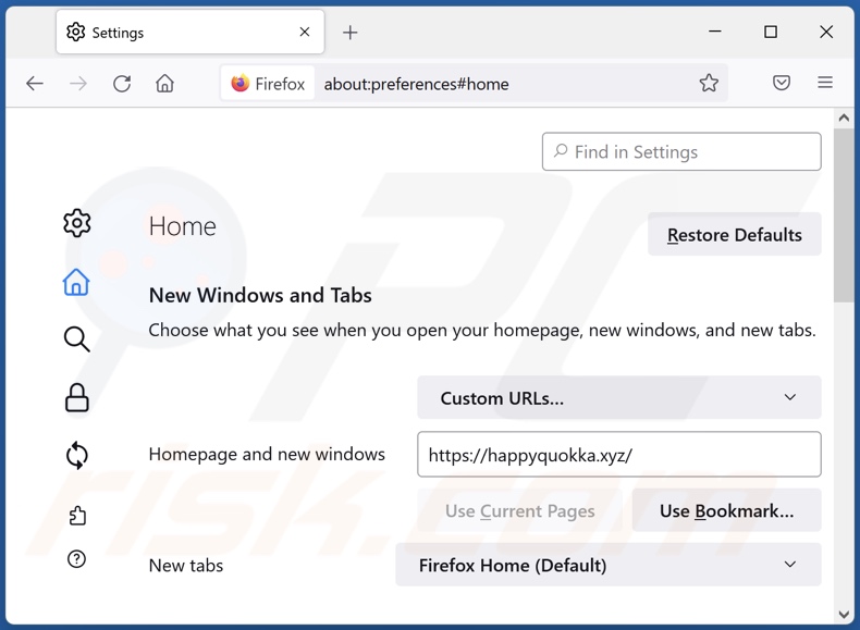 Usuwanie happyquokka.xyz ze strony domowej Mozilla Firefox