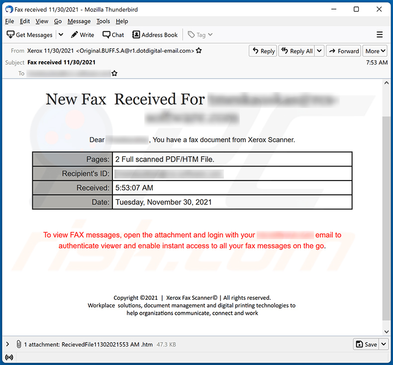 E-mail spamowy o tematyce New Fax Received (2021-11-30)