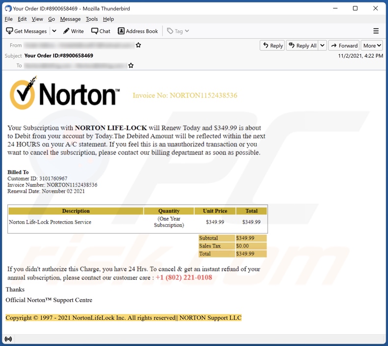 E-mailowa kampania spamowa Norton Subscription will renew today