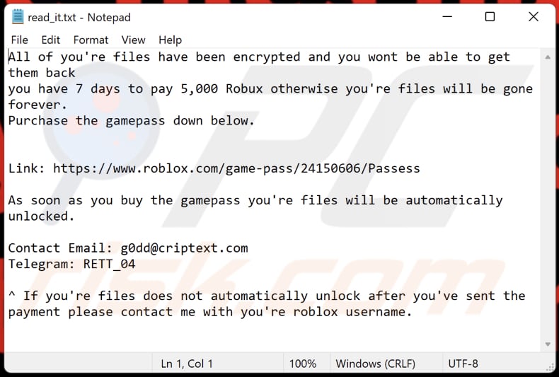 Plik tekstowy ransomware Robux (read_it.txt)