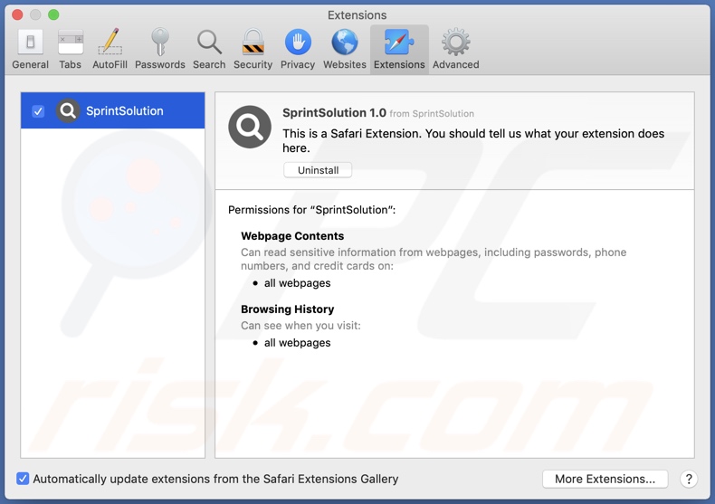 Adware SprintSolution zainstalowane na Safari