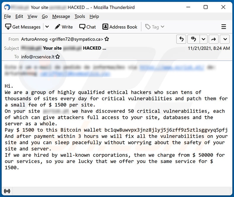 E-mail spamowy We Have Hacked Your Website (2021-11-24)