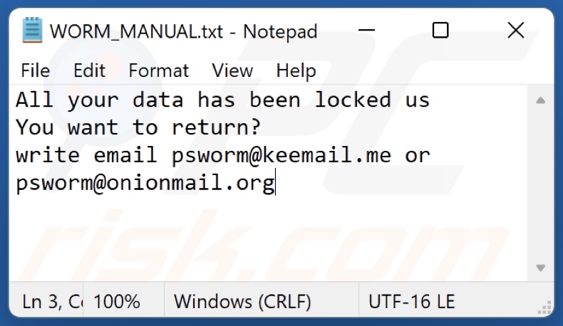 Plik tekstowy ransomware WORM (Dharma) (WORM_MANUAL.txt)