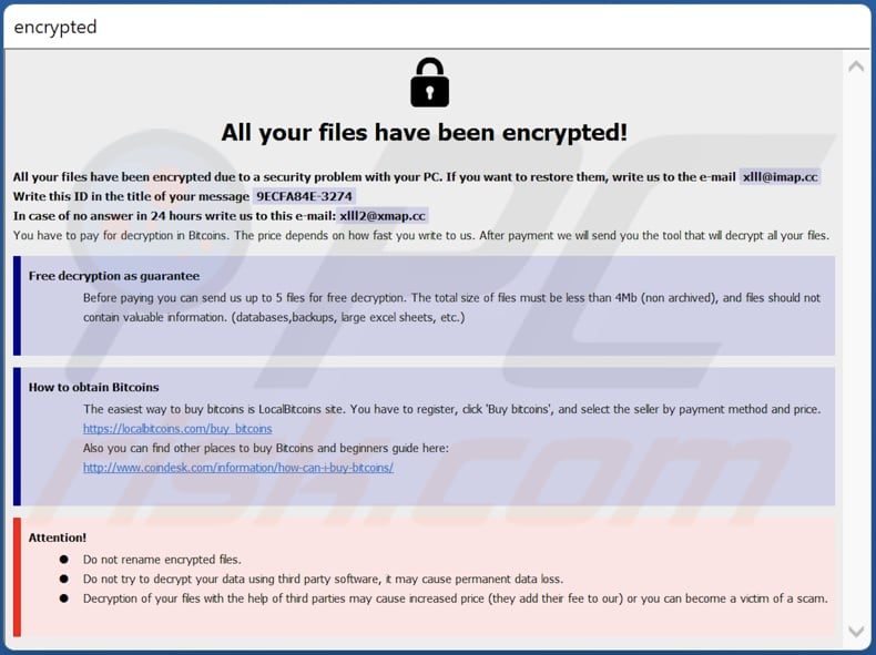 Okno pop-up z notatką z wiadomością z żądaniem okupu ransomware XIII (info.hta)