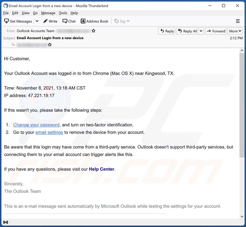 E-mailowa kampania spamowa Your Outlook Account was logged in