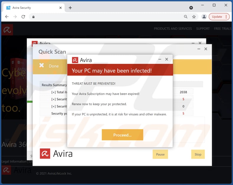 Oszustwo Avira - Your Pc May Have Been Infected