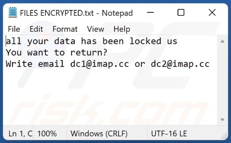 Plik tekstowy ransomware DC (FILES ENCRYPTED.txt)