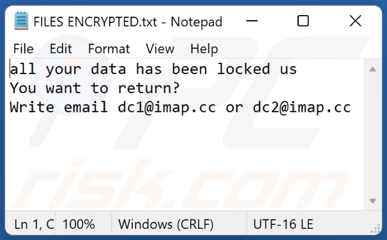 Plik tekstowy ransomware DC (FILES ENCRYPTED.txt)