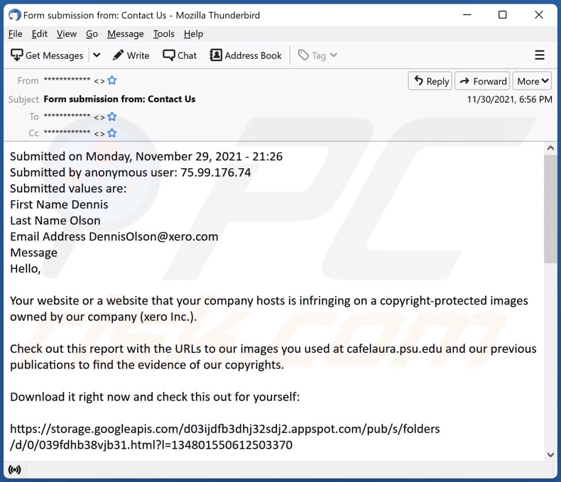 E-mailowa kampania spamowa rozsyłąjąca wirusa DMCA Copyright Infringement Notification