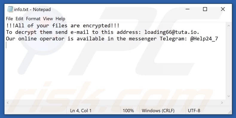 Plik info.txt notatki z żądaniem okupu ransomware health
