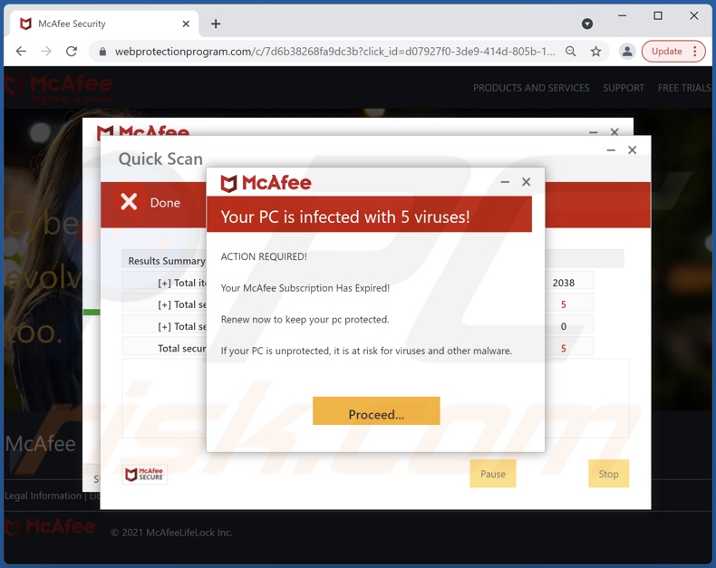 Oszustwo McAfee - Your PC is infected with 5 viruses!