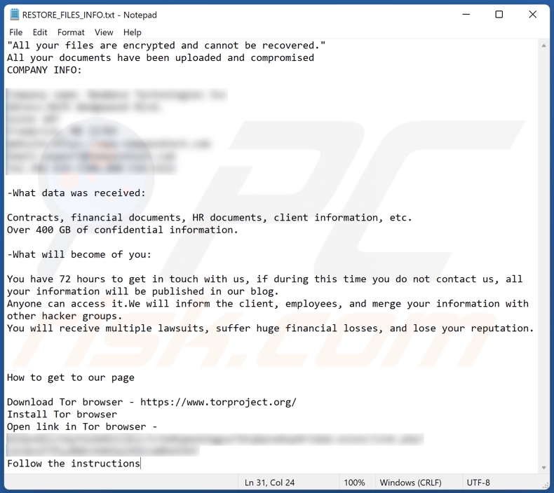 Plik tekstowy ransomware Midas (RESTORE_FILES_INFO.txt)