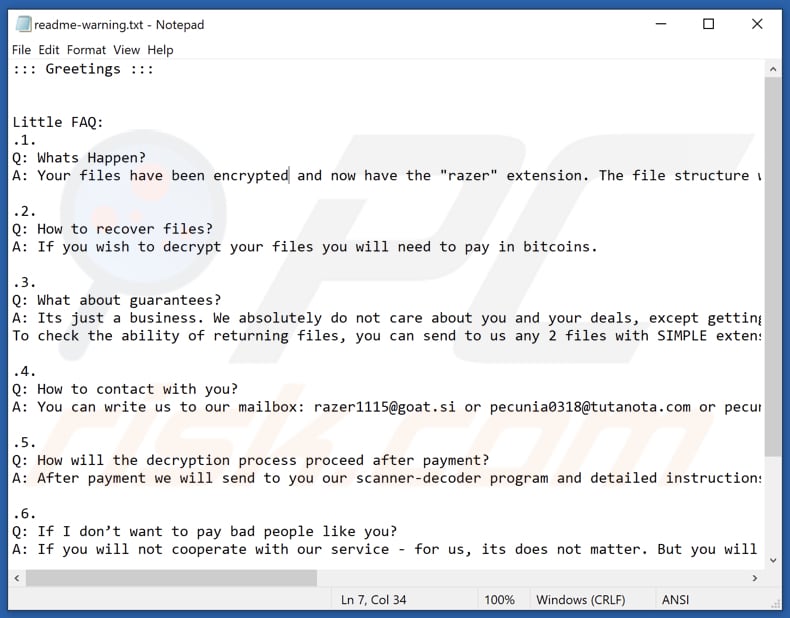 Plik tekstowy ransomware Razer (readme-warning.txt)
