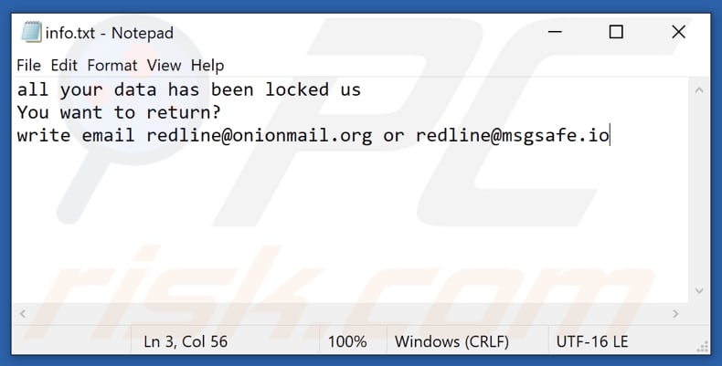Plik tekstowy notatki z żądaniem okupu ransomware red - info.txt