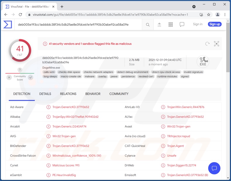 Wykryte złośliwe oprogramowanie SpyAgent na VirusTotal 