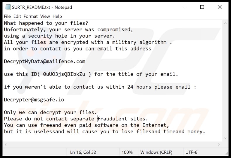 Plik tekstowy notatki z żądaniem okupu ransomware surtr