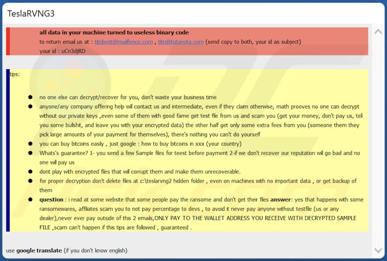 Plik tekstowy ransomware TeslaRVNG3 (teslarvng3.hta)