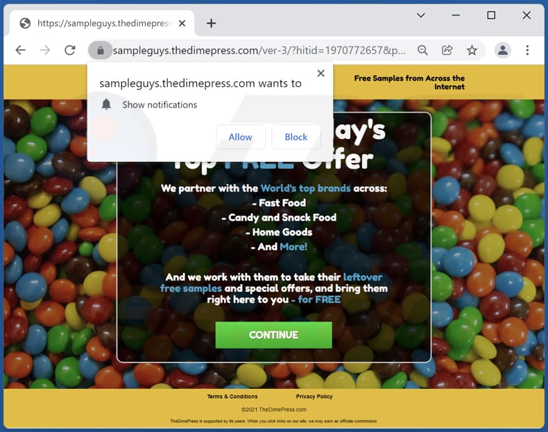 Reklamy pop-up thedimepress[.]com