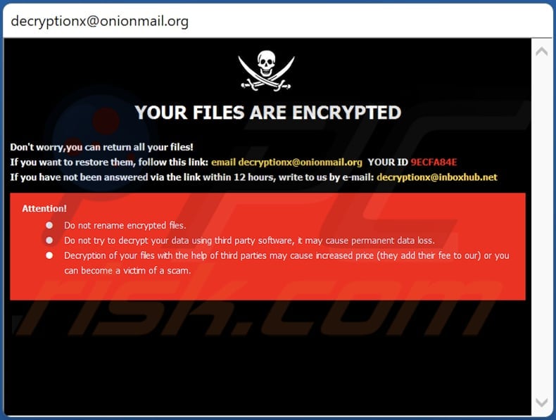 Okno pop-up ransomware Xqxqx