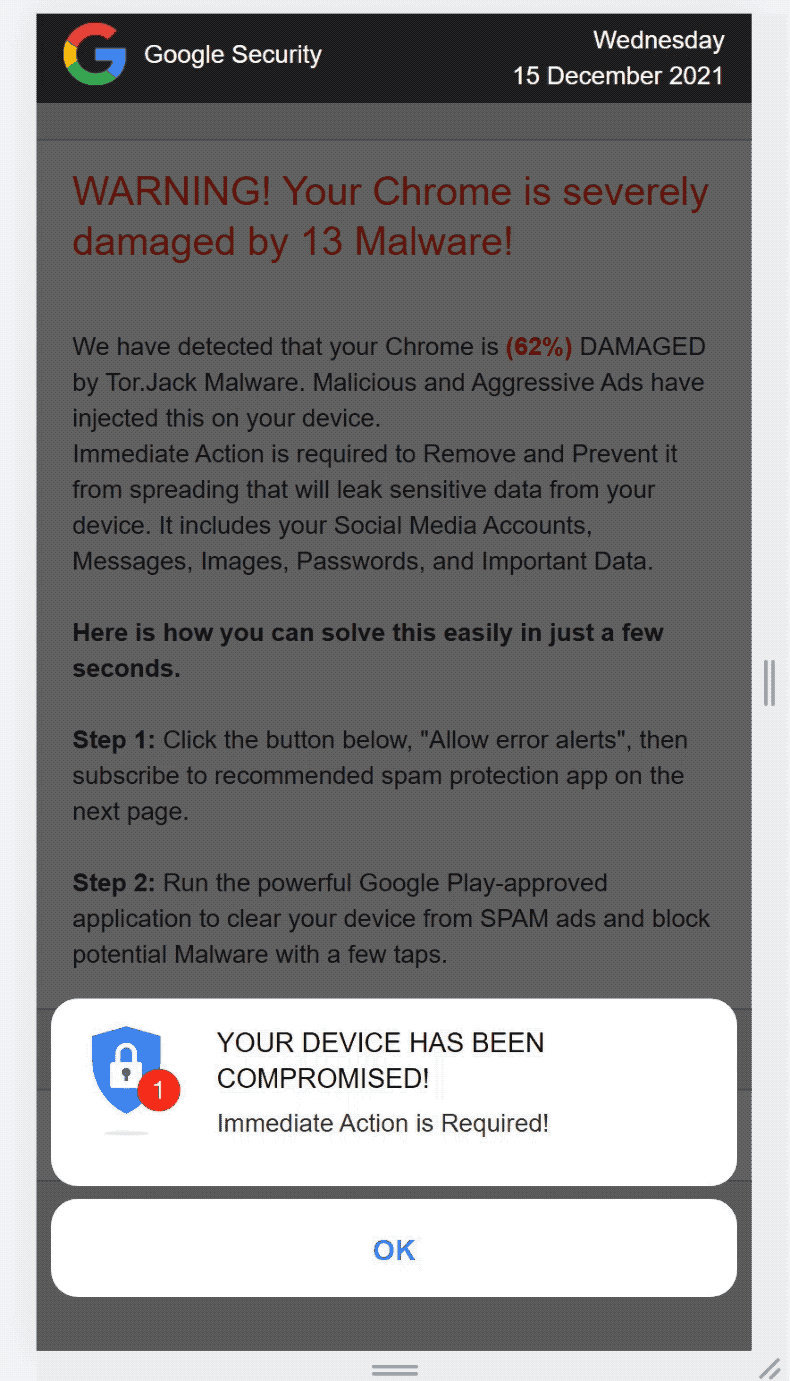 Wygląd oszustwa Your Device Has Been Compromised (GIF)