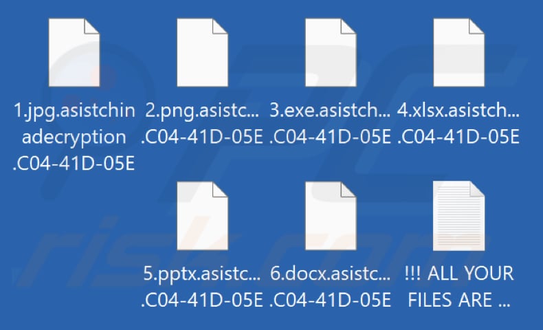 Pliki zaszyfrowane przez ransomware Asistchinadecryption (.asistchinadecryption i ID ofiary jako rozszerzenie)