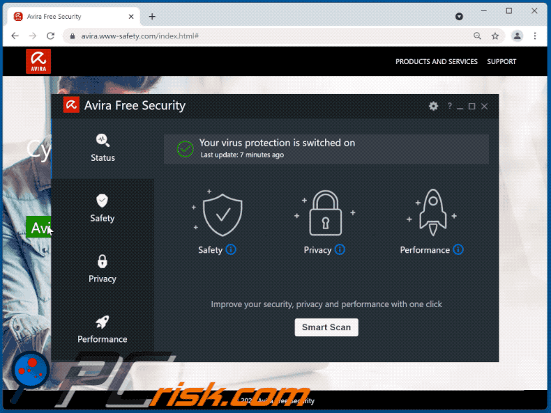 Wygląd oszustwa pop-up Avira Free Security - Your PC is infected with 5 viruses!