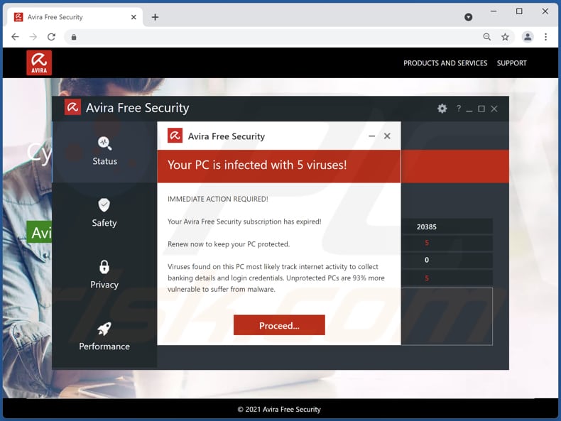 Oszustwo pop-up Avira Free Security - Your PC is infected with 5 viruses!