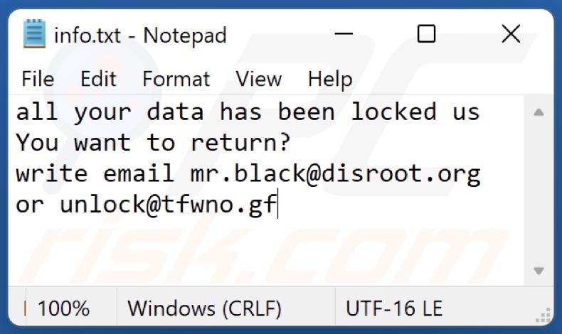 Plik tekstowy ransomware Bl (info.txt)