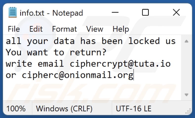 Plik tekstowy ransomware Cip (info.txt)