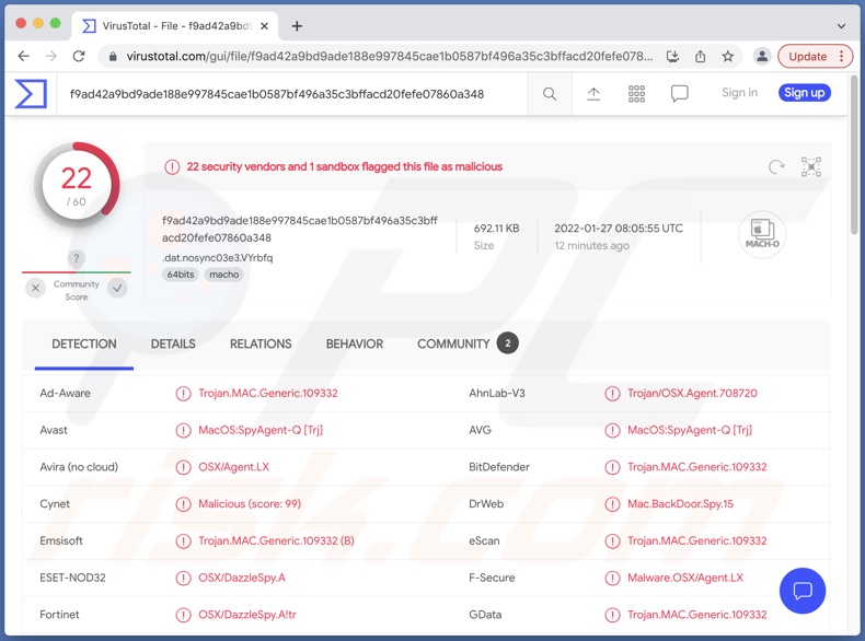 Wykrycia malware DazzleSpy na VirusTotal