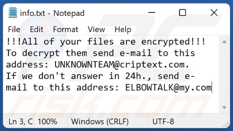 Plik tesktowy info.txt - notatka z żądaniem okupu ransomware elbow
