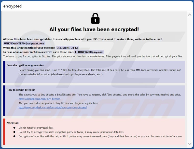 Okno pop-up ransomware ELBOW